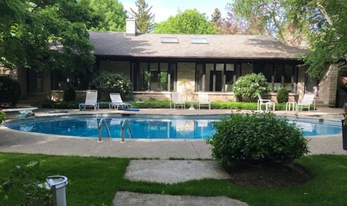 Backyard pool surrounded by landscaped lawn and shrubs