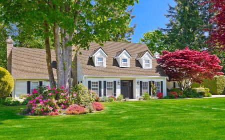 Colonial home with flowering shrubs and a green lawn